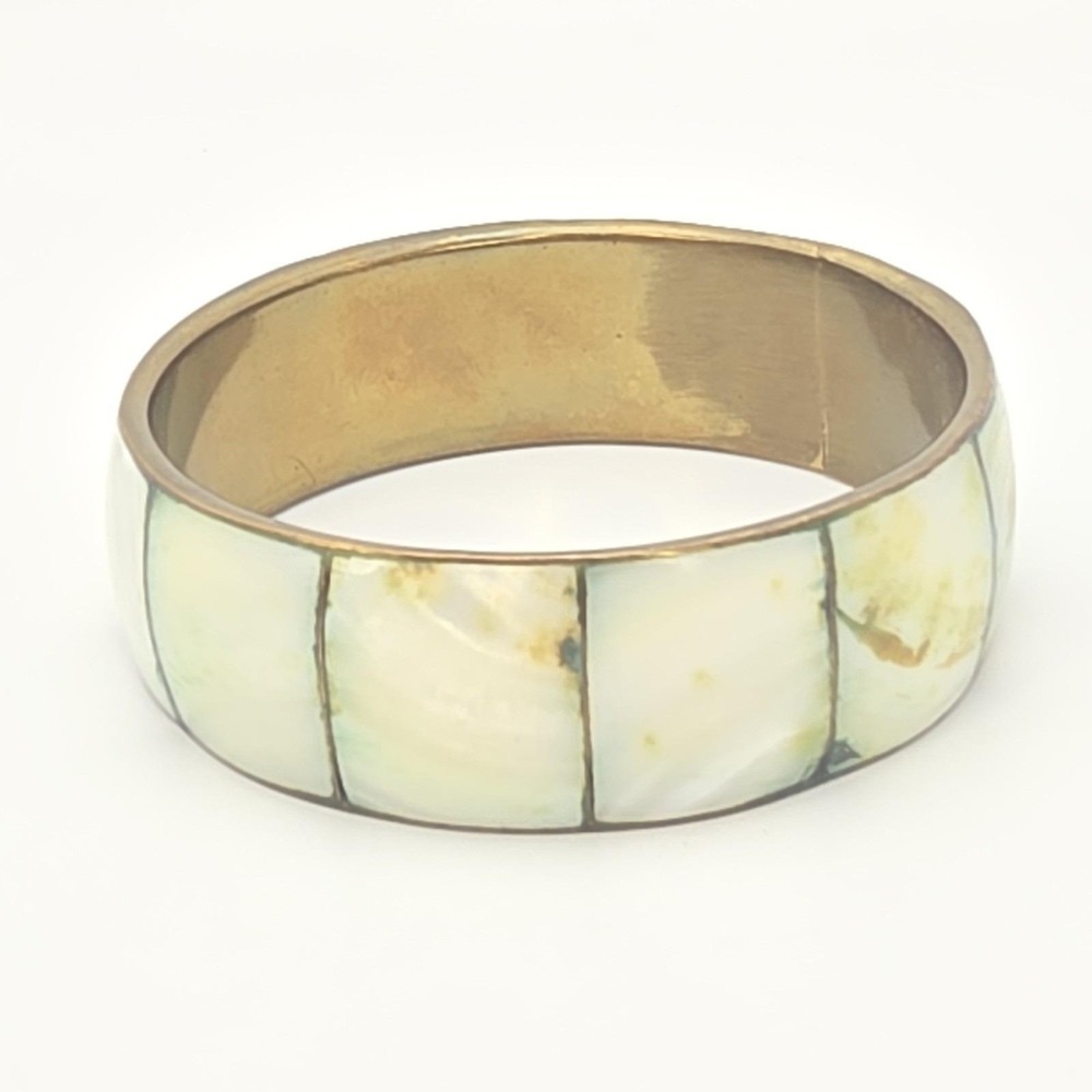 Vintage Mother Of Pearl Inlay Bracelet Wide Brass Bangle 8.5" FREE‎ $HIPPING!! - Picture 7 of 16